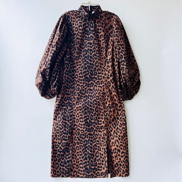 Ganni Sustain Leopard puff sleeves midi dress, Brown Leopard, Size 34 - Picture 3 of 13
